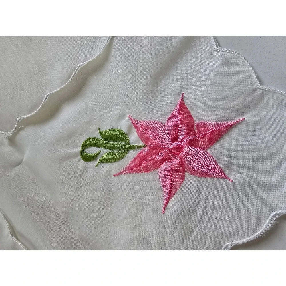 Vintage Style White Embroidered Floral Scalloped Hankies Napkins Set of 6 Multi